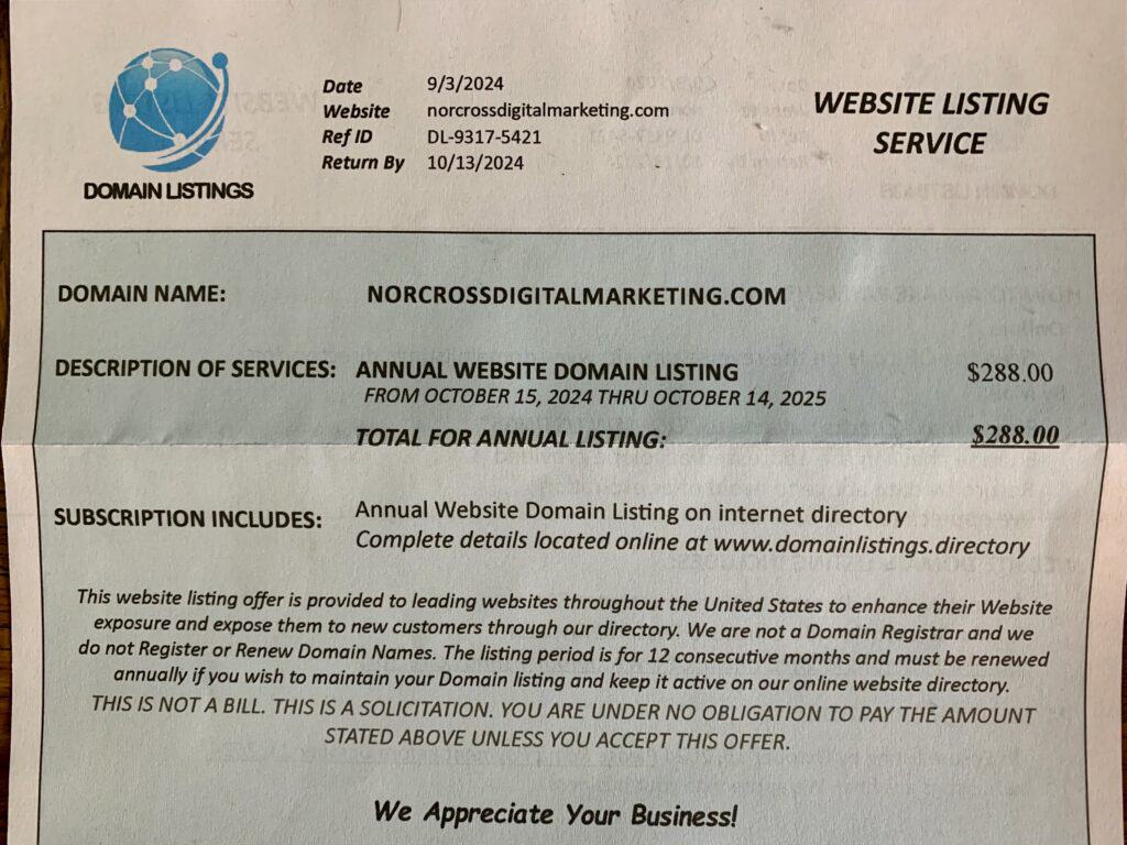 Annual Website Domain Listing Scam Letter